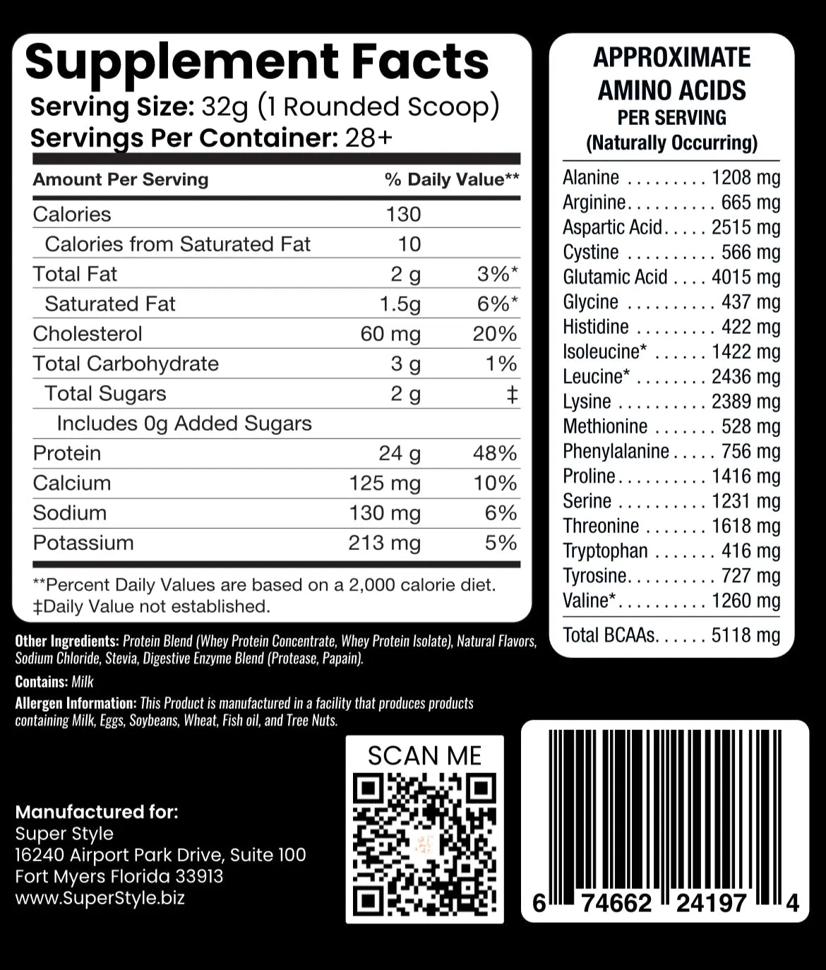 Supplement label with detailed nutritional information on a black background