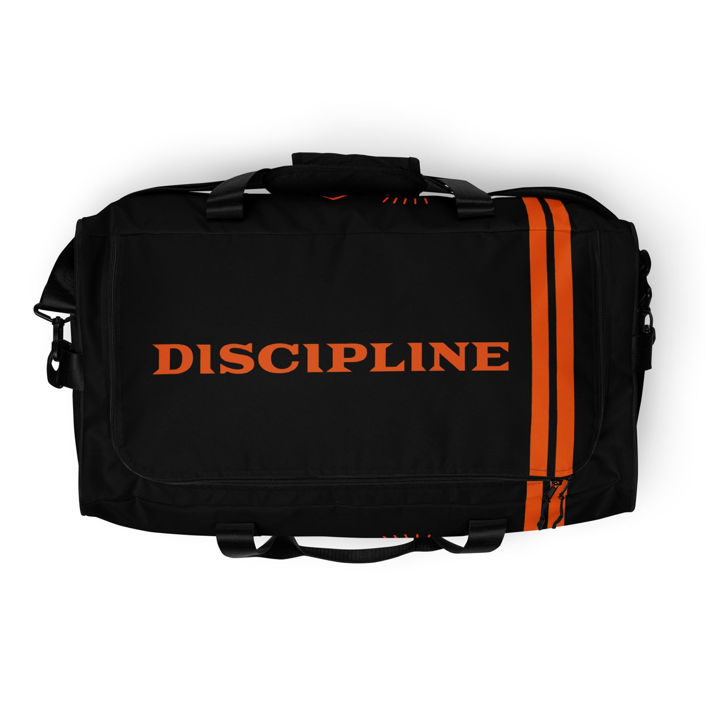 Black duffel bag with 'DISCIPLINE' in orange on a white background