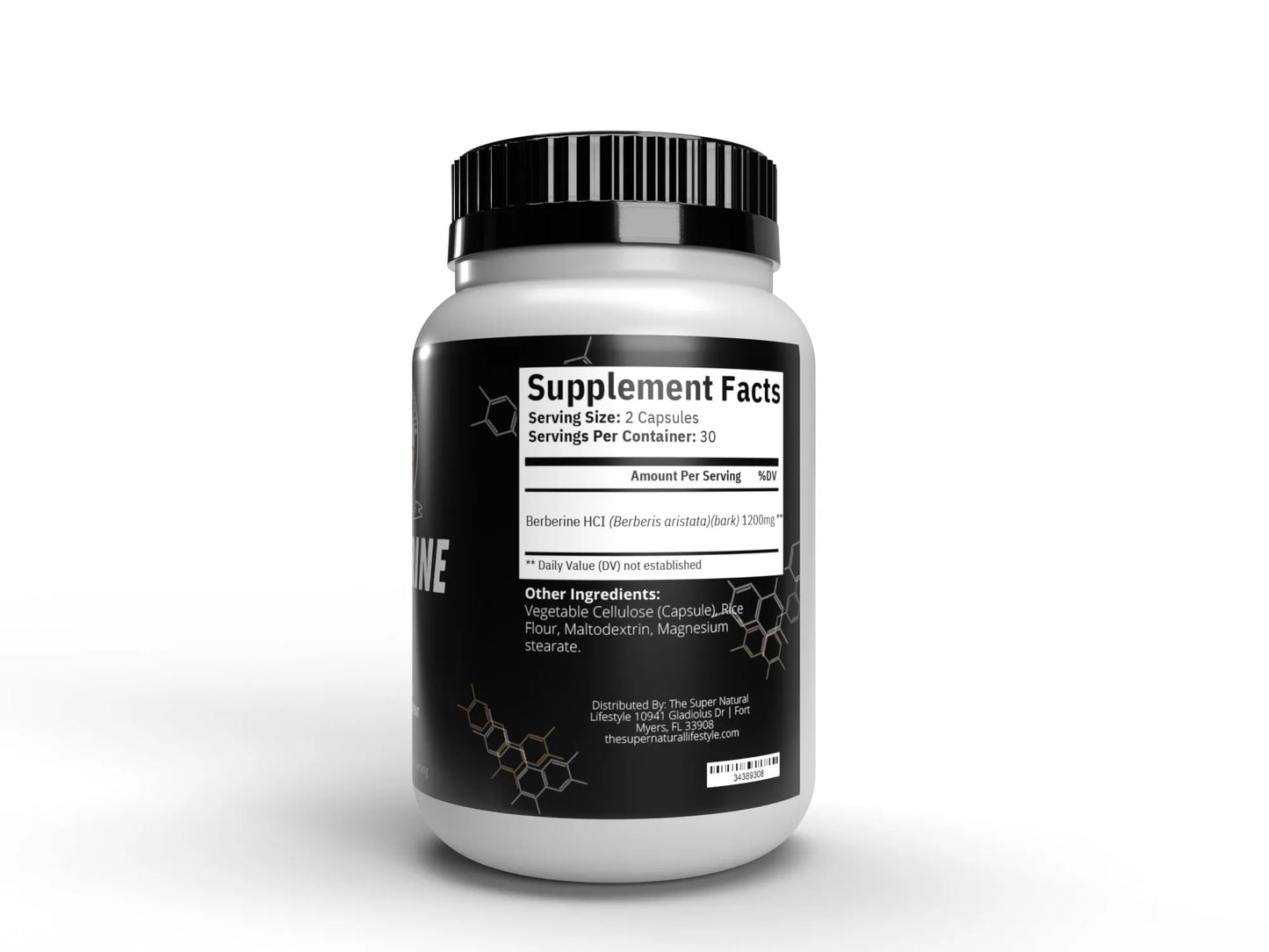 Berberine supplement facts on a white bottle with a black lid on a white background