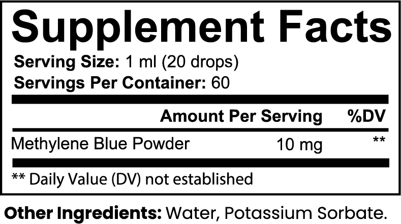 Supplement Facts label for Methylene Blue Drops showing serving size and ingredients