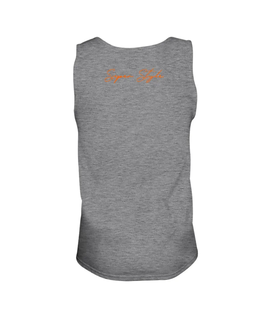 Heather gray Chest Day Taday tank back view with orange Super Style script and clean fit