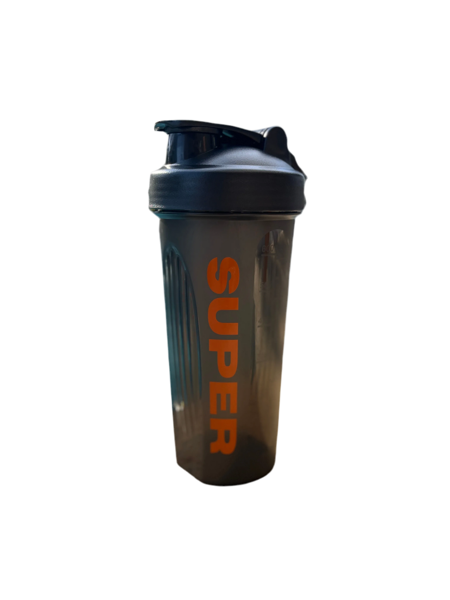 Super Style black protein shaker bottle with orange logo, designed for mixing supplements and protein shakes at the gym or on the go.