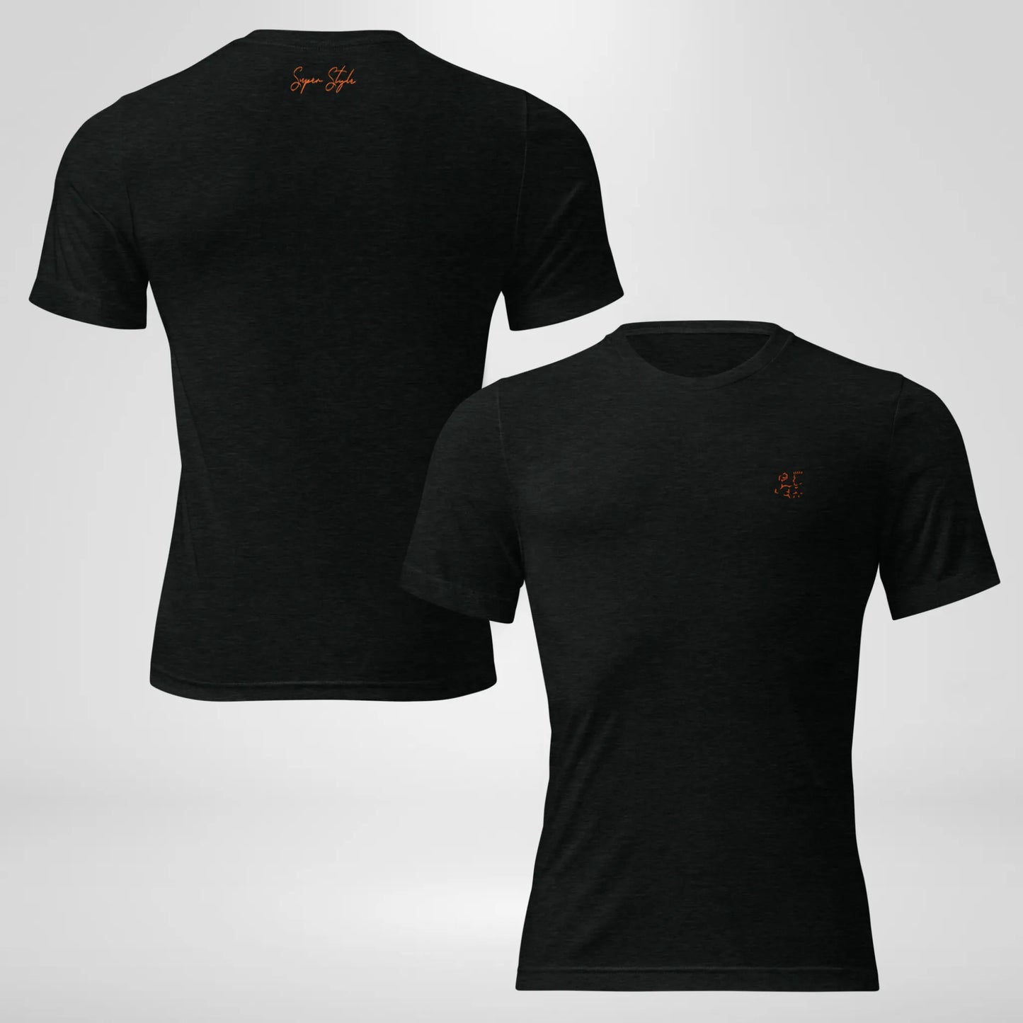 Black Super Core Tee front and back view showing minimalist chest logo and back Super Style script