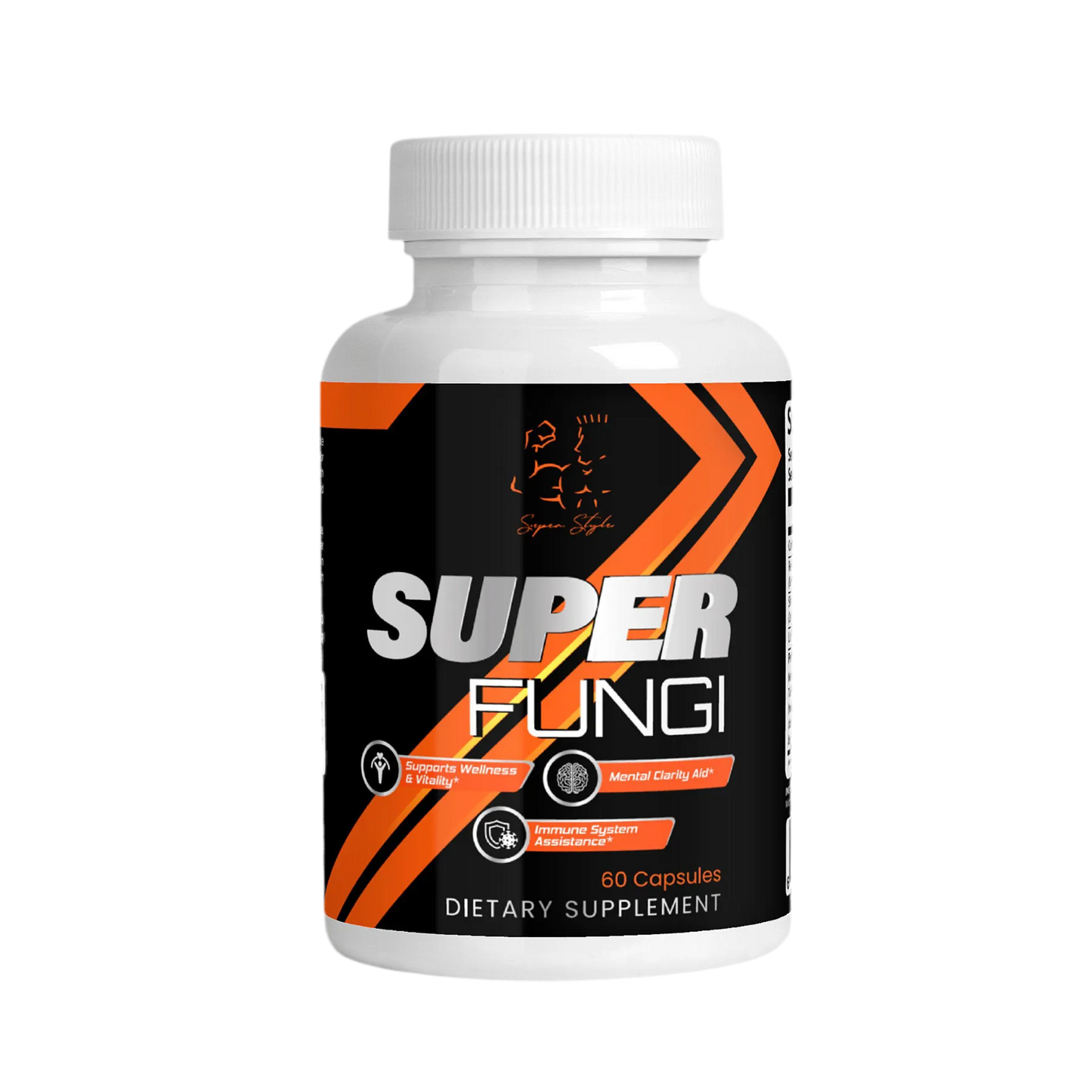 Super Style Super Fungi dietary supplement bottle featuring mushroom blend formula designed to support immune system health, vitality, and mental clarity.