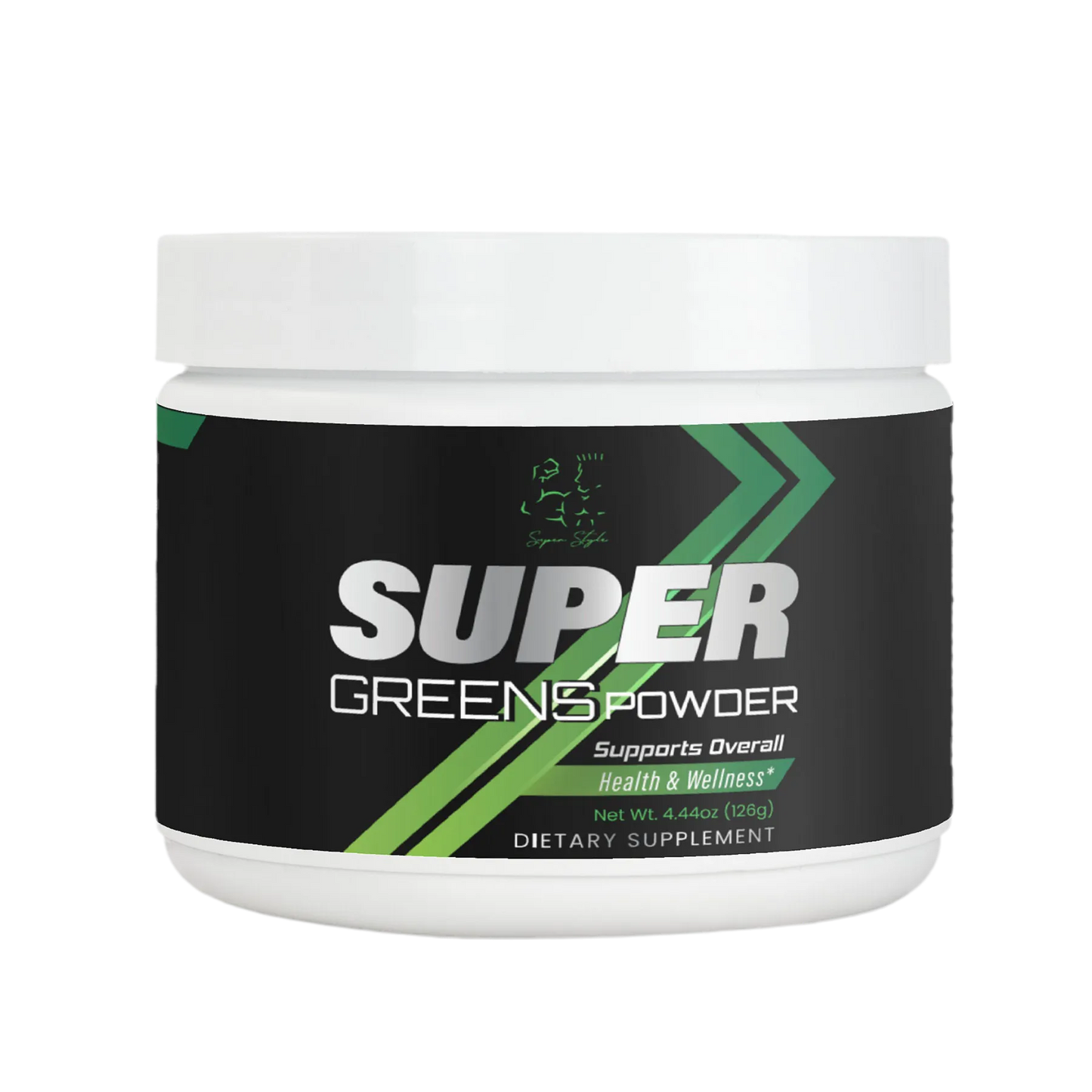 Super Style Super Greens Powder dietary supplement container designed to support overall health, wellness, and daily nutrition balance.