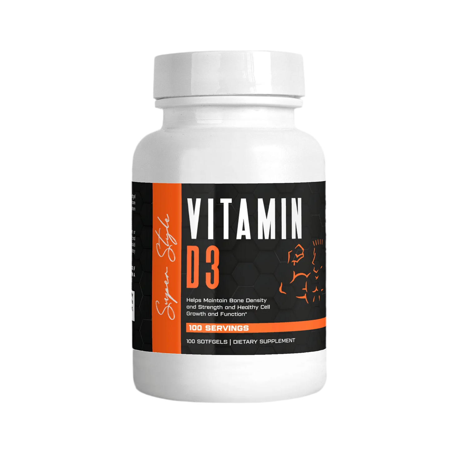 Super Style Vitamin D3 dietary supplement bottle designed to support bone density, cell growth, and immune system function.