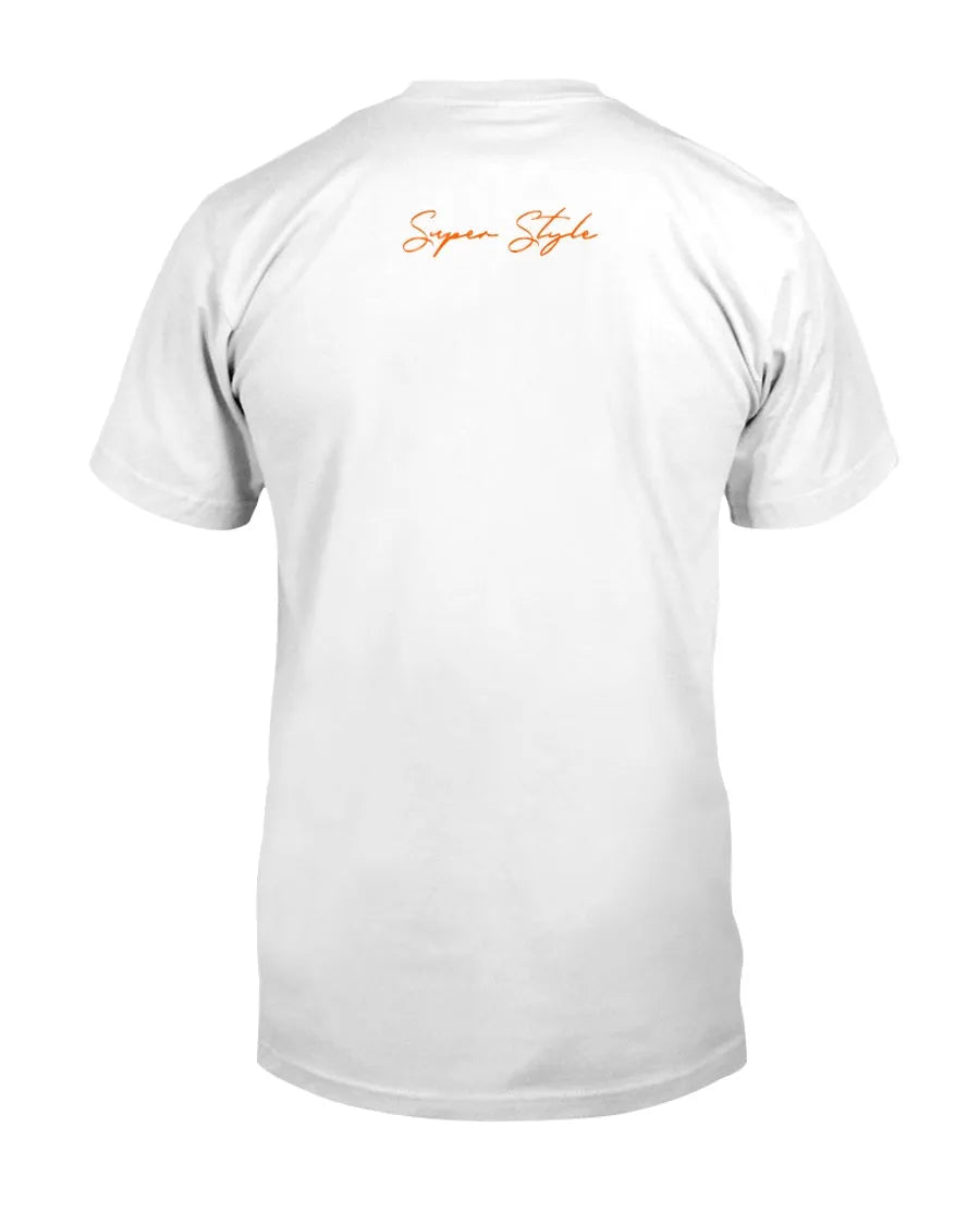 Back view of white Super Style t-shirt with orange script logo