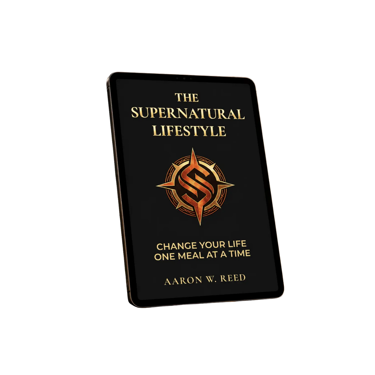 Angled view mockup of a digital tablet displaying The Supernatural Lifestyle e-book by Aaron W Reed against a white background.