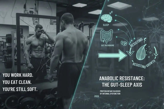 Split visual showing a gym athlete alongside a diagram illustrating the gut-sleep axis and its role in anabolic resistance and muscle response