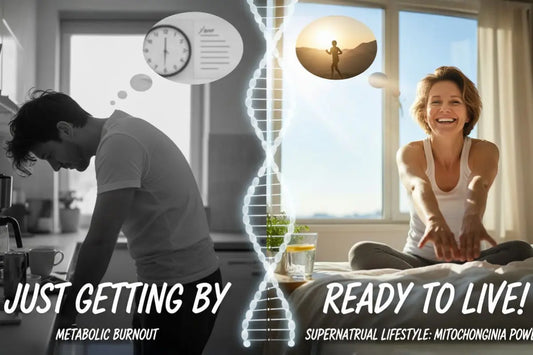 Side-by-side image comparing metabolic burnout and an energized healthy lifestyle, illustrating differences in daily energy and well-being