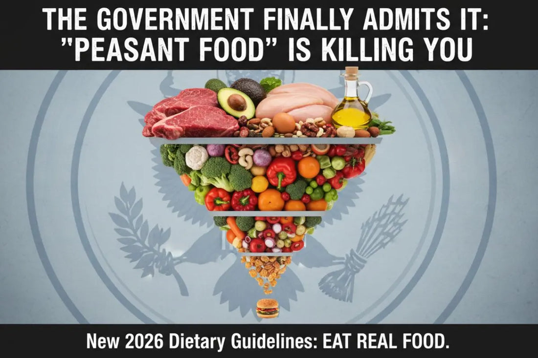 Illustration of a real food–based dietary pyramid featuring meats, vegetables, fruits, healthy fats, and whole foods