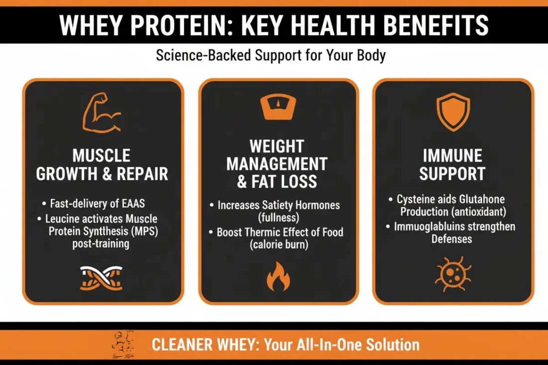 Whey protein health benefits graphic showing muscle growth and repair, weight management and fat loss, and immune support