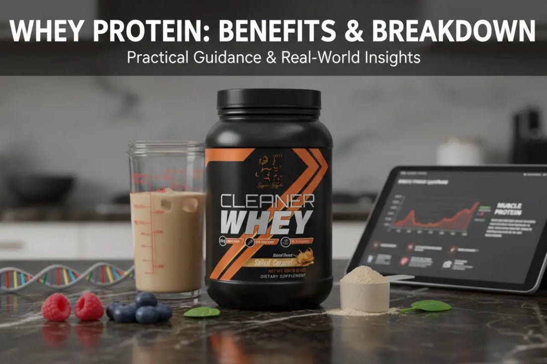 Comprehensive overview of whey protein benefits with supplement container, shake, and nutrition data display