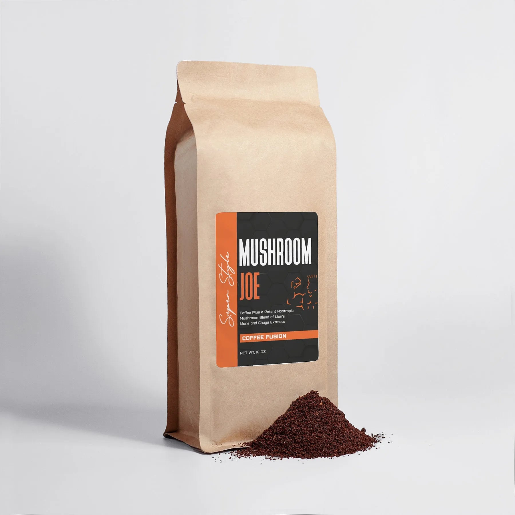 Super Style Mushroom Coffee Fusion, Lion’s Mane & Chaga, 16 oz ground coffee bag.