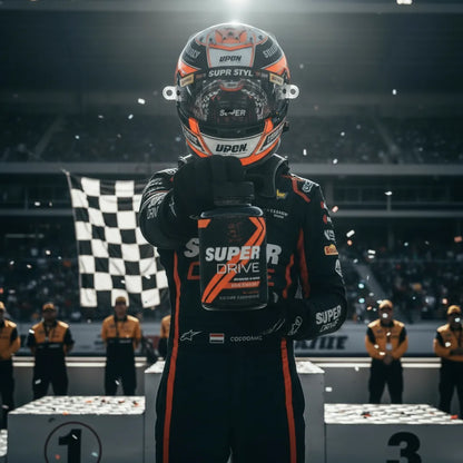 Person in racing gear holding a Super Drive supplement container on a podium with a checkered flag in the background.