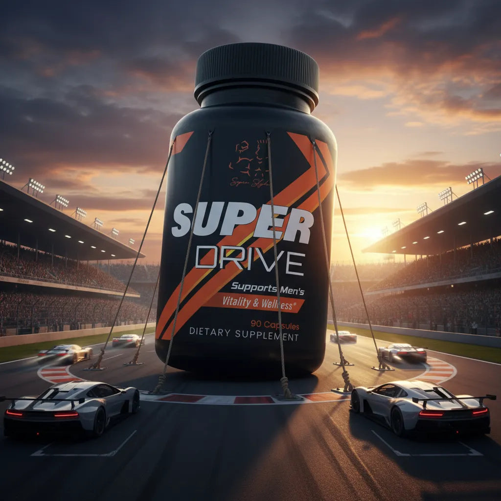 Supplement bottle labeled 'Super Drive' on a race track with cars and sunset sky