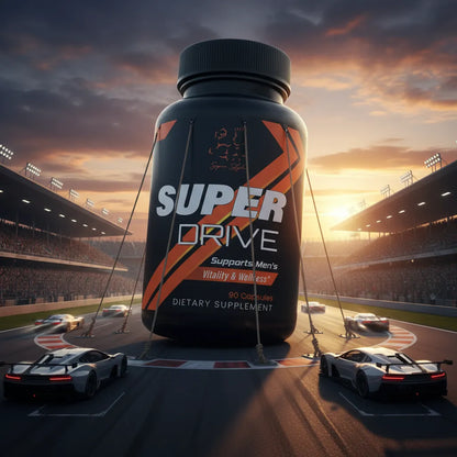 Supplement bottle labeled 'Super Drive' on a race track with cars and sunset sky