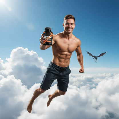 Muscular man holding a supplement bottle with a dragon in the background, sky and clouds.