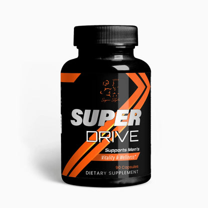 A black and orange bottle labeled 'SUPER DRIVE' which is a dietary supplement for men's health.