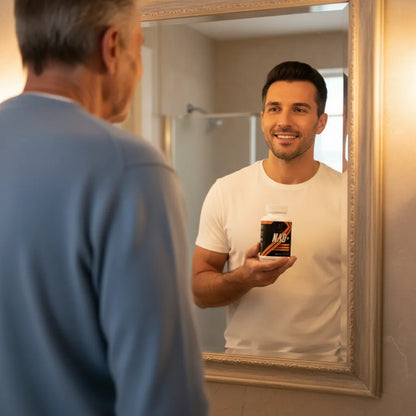 Man holding a supplement container in front of a mirror