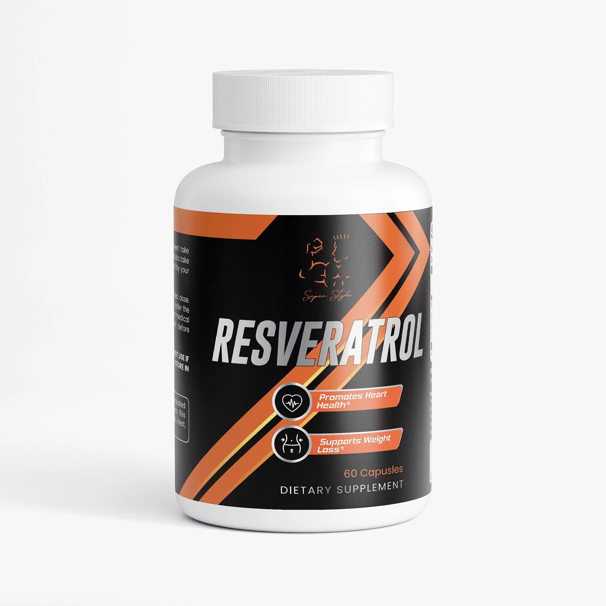 Supplement bottle labeled 'Resveratrol' on a white background