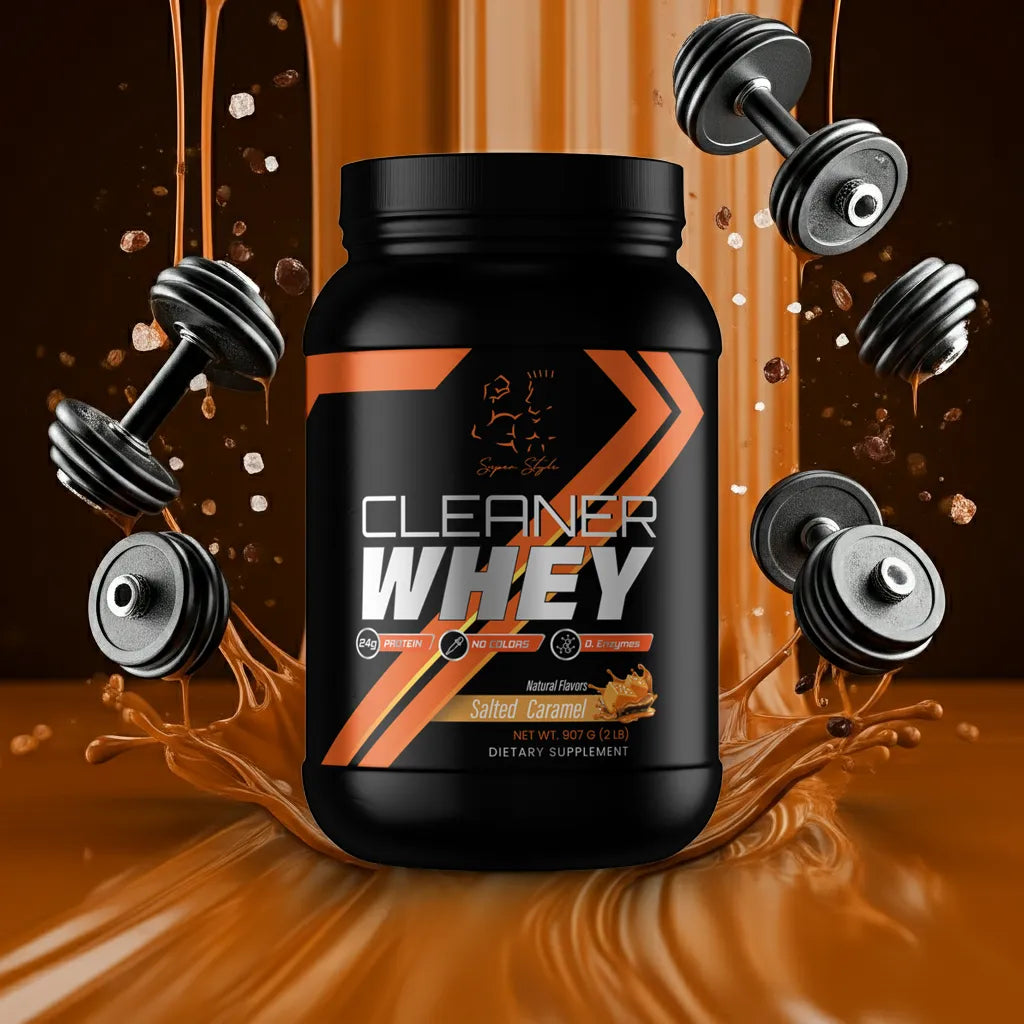 A jug of Salted caramel cleaner whey floating down a river of caramel with salt and dumbbells raining down making a splash