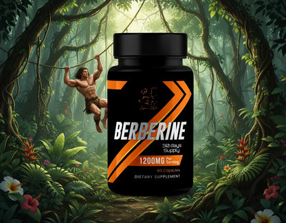 Supplement bottle labeled 'Berberine' in a jungle setting