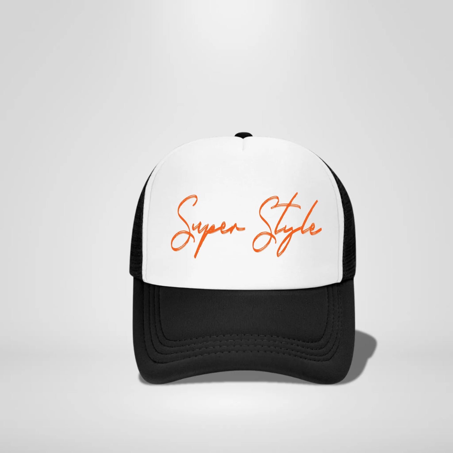 Black super trucker hat with white faom front with our super style signature logo