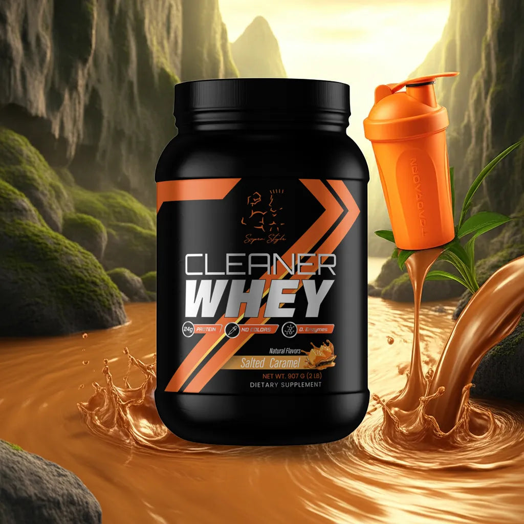 Cleaner Whey protein supplement container with an orange shaker in a natural setting