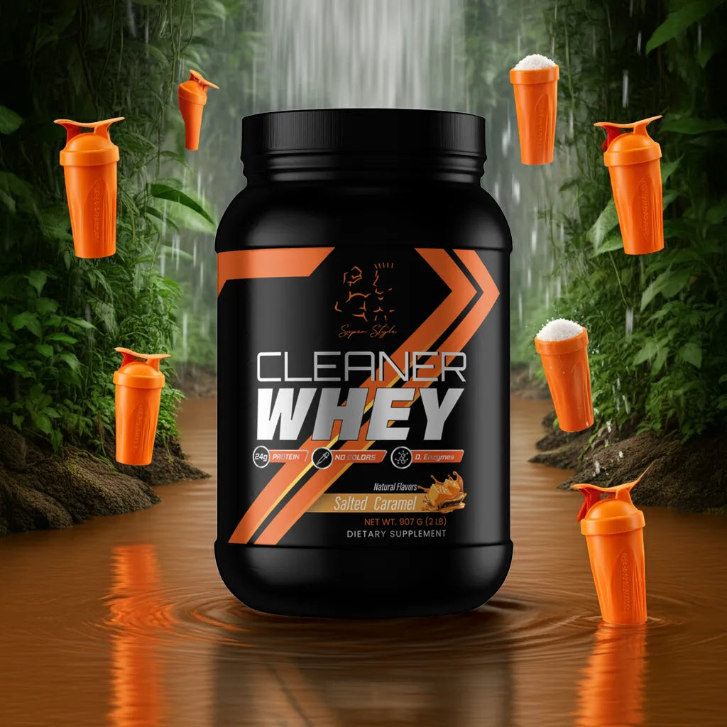Black and orange 'Cleaner Whey' supplement container with shakers in a forest setting