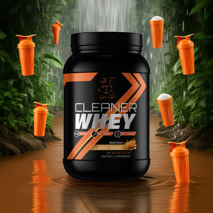 Black and orange 'Cleaner Whey' supplement container with shakers in a forest setting