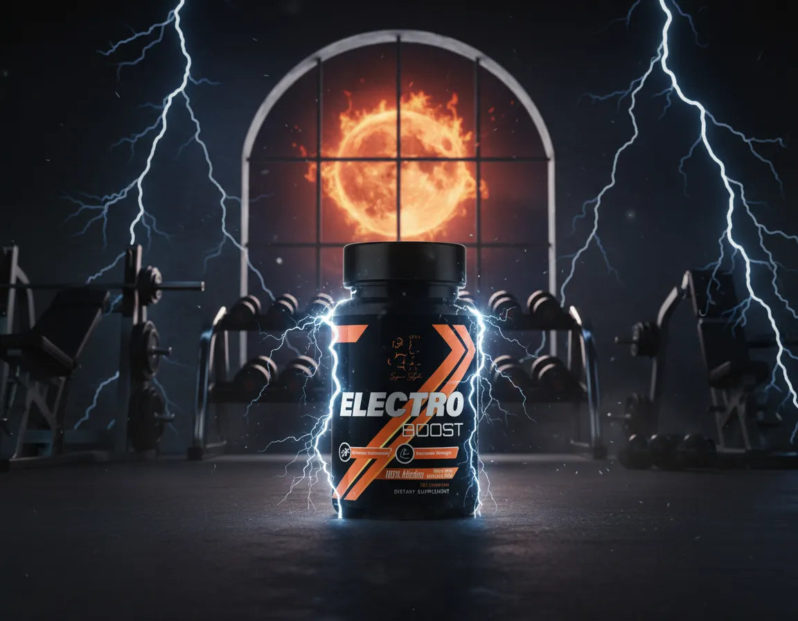 Electro Boost supplement bottle with gym equipment and glowing sun in the background