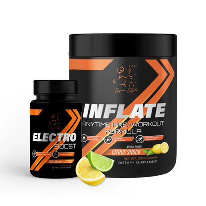 Supplement containers labeled 'INFLATE' and 'ELECTRO BOOST' with lemon and lime graphics on a white background.