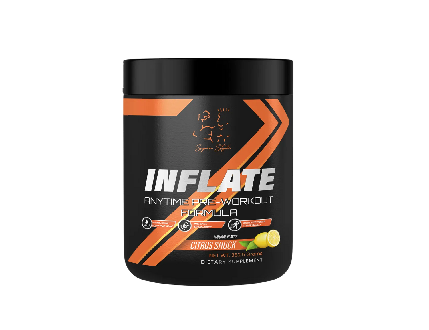 A container of Inflate -Non Stim Pre-Workout supplement with a black and orange label, indicating citrus punch flavor.