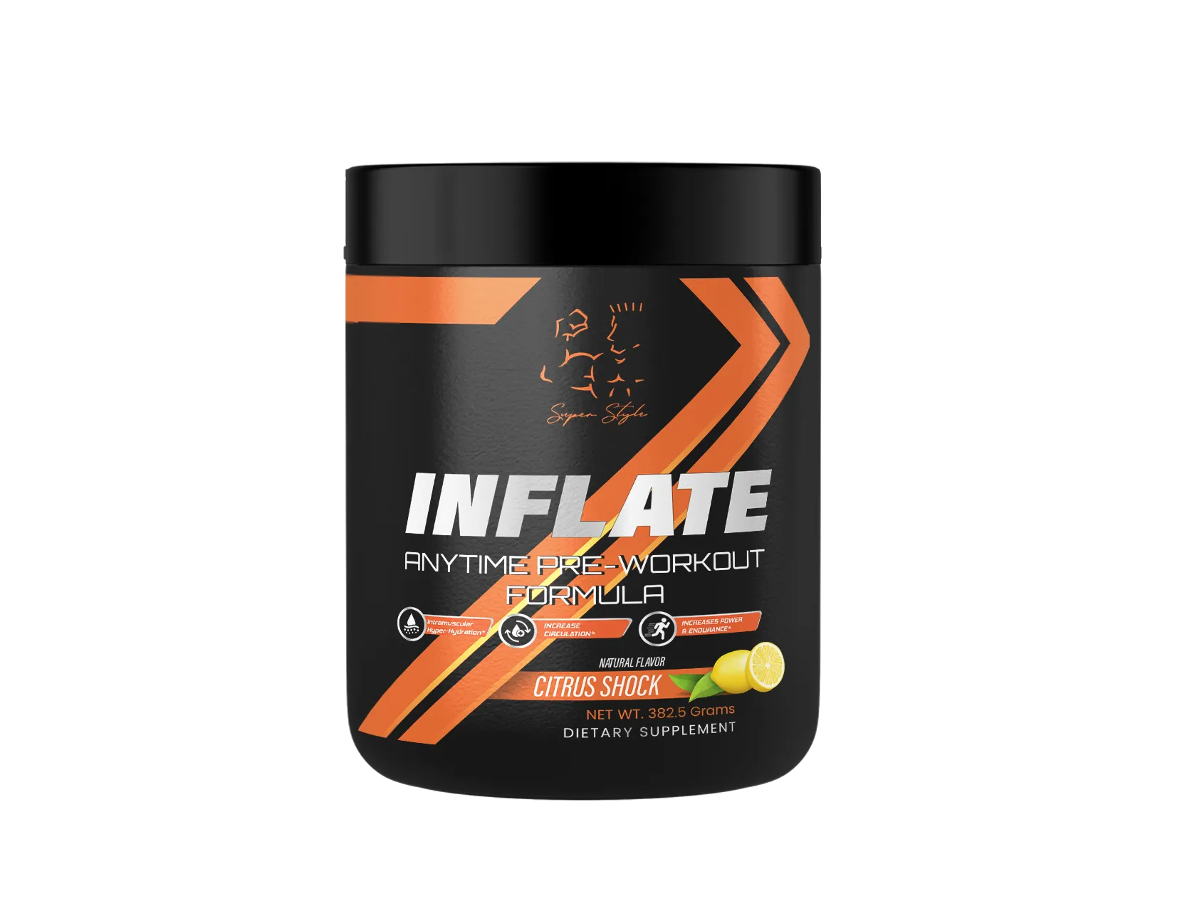 A container of Inflate -Non Stim Pre-Workout supplement with a black and orange label, indicating citrus punch flavor.