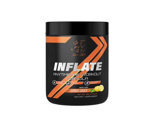 A container of Inflate -Non Stim Pre-Workout supplement with a black and orange label, indicating citrus punch flavor.