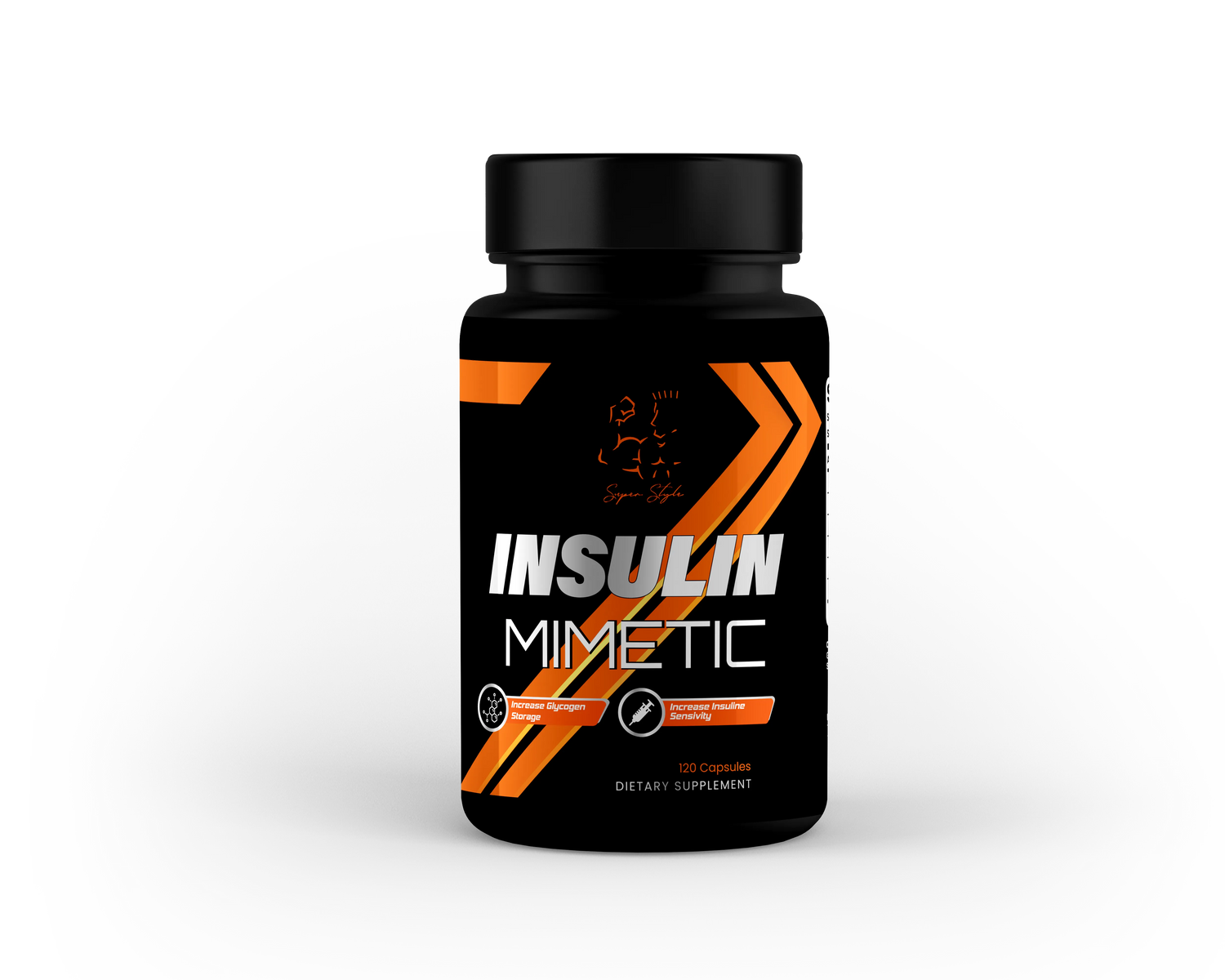 A bottle of 'Insulin Mimetic' supplement with black and orange label, indicating it is an all-natural glucose metabolizer.