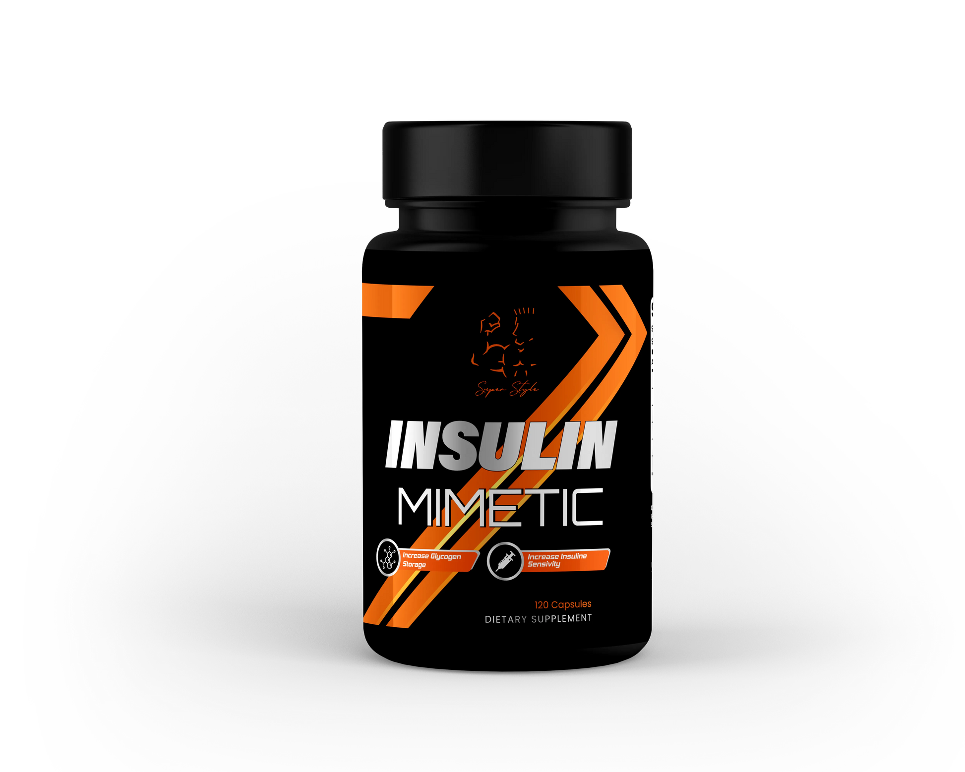 A bottle of 'Insulin Mimetic' supplement with black and orange label, indicating it is an all-natural glucose metabolizer.