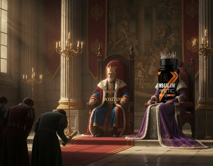 King in a throne room with a supplement bottle labeled 'Insulin' on a throne.