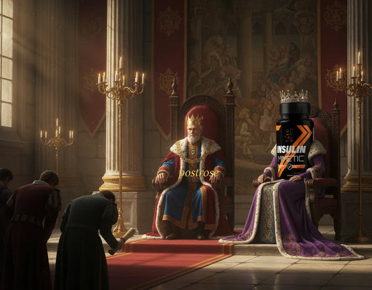 King in a throne room with a supplement bottle labeled 'Insulin' on a throne.