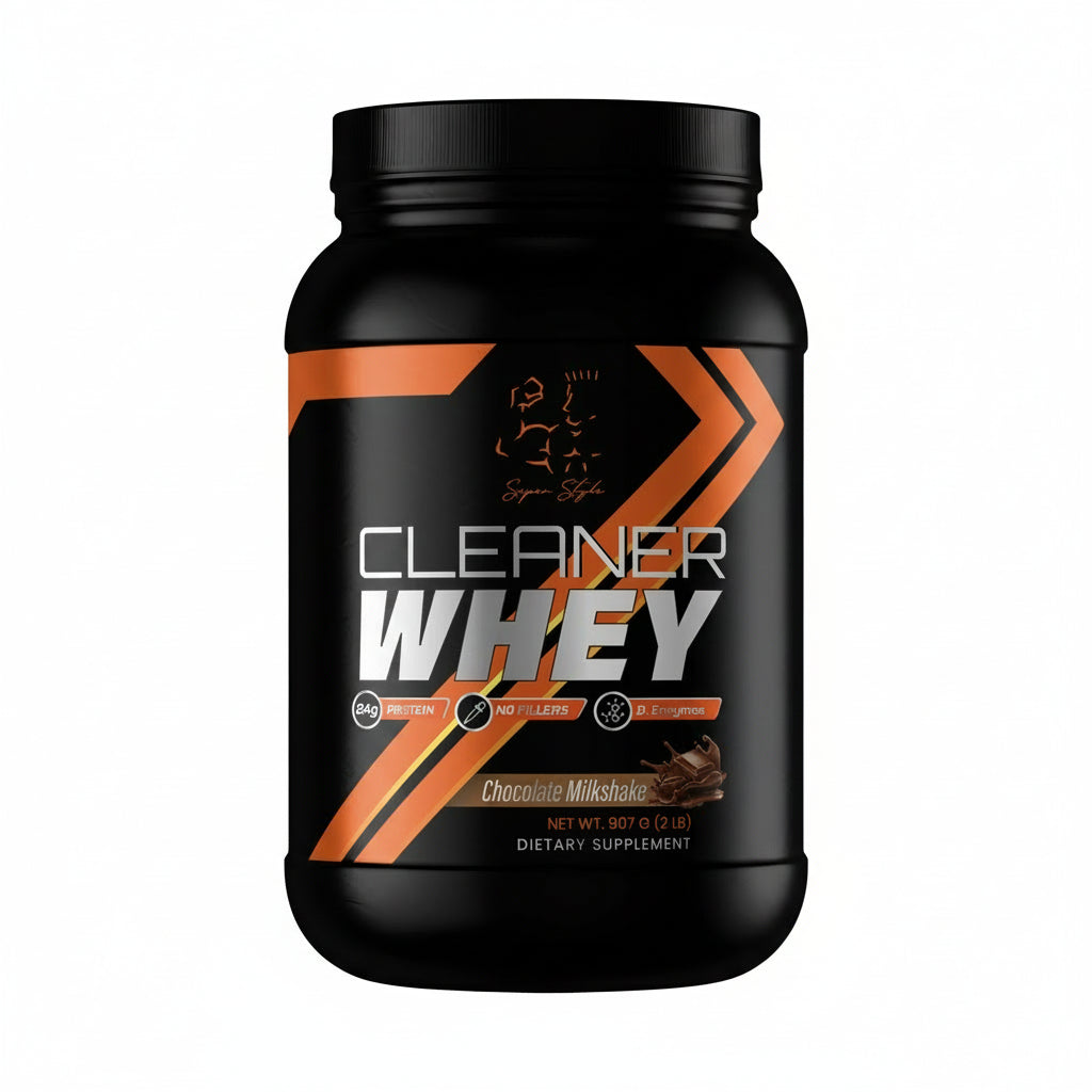 A container of Cleaner Whey protein powder in Chocolate Milkshake flavor, with a black base and orange accents design.