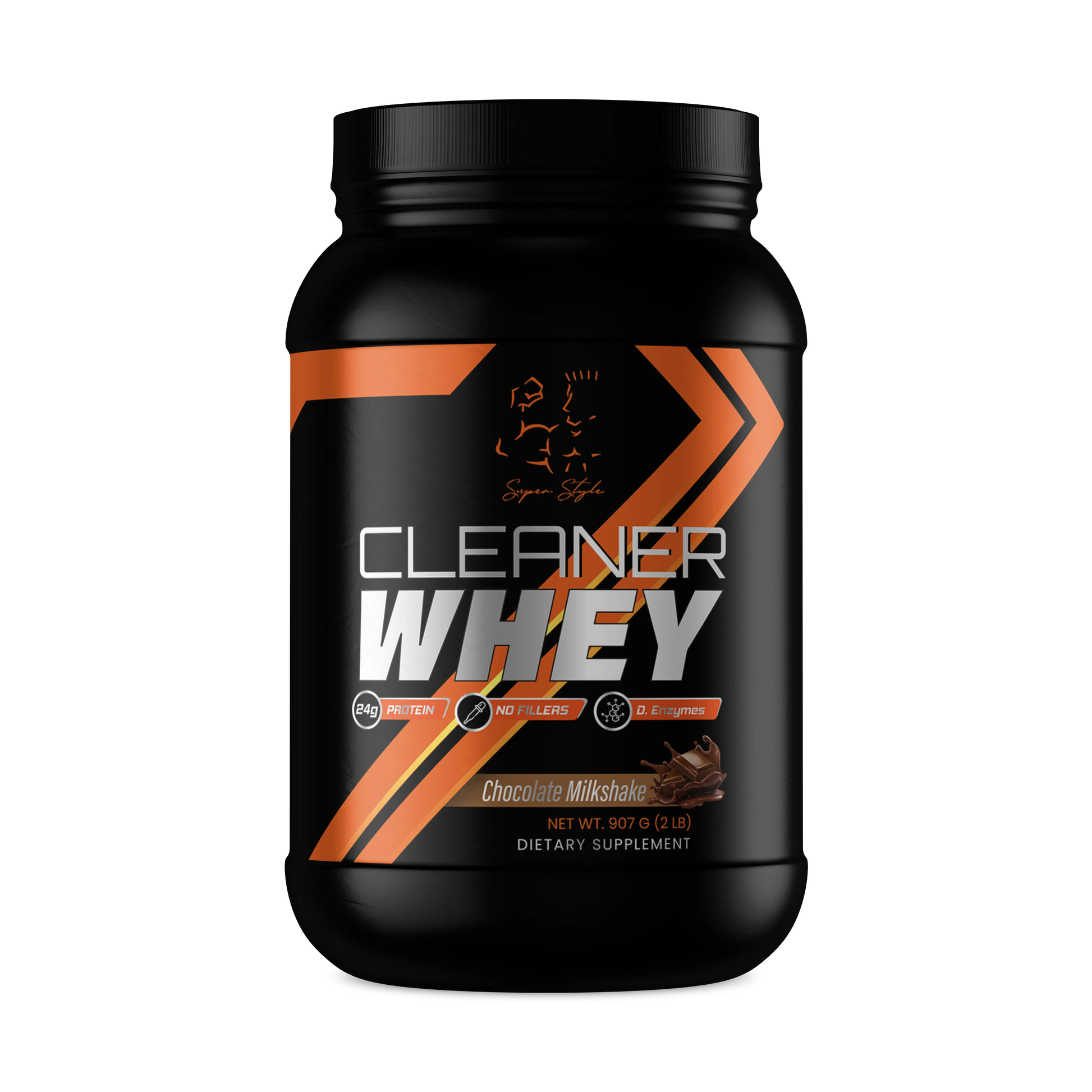A container of Cleaner Whey protein powder in Chocolate Milkshake flavor, with a black base and orange accents design.
