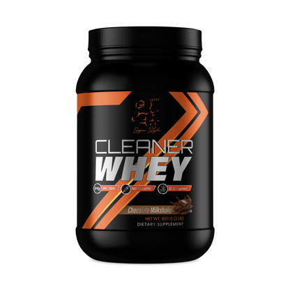 A container of Cleaner Whey protein powder in Chocolate Milkshake flavor, with a black base and orange accents design.