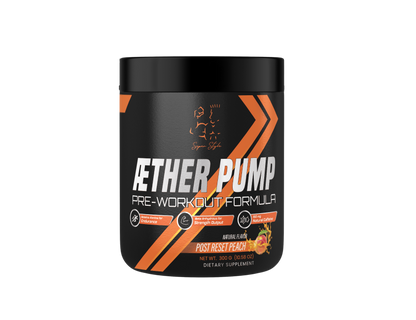 Pre-workout supplement container labeled 'Ether Pump' on a white background