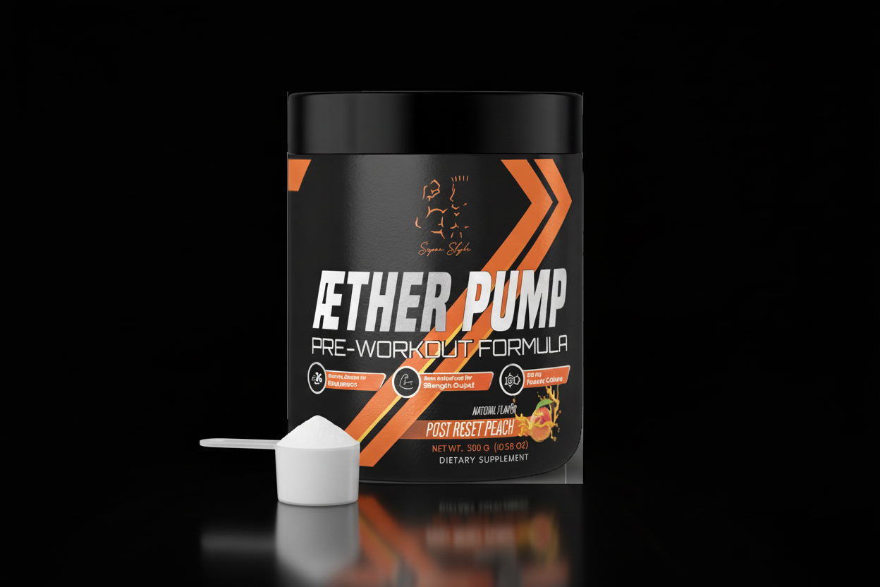 Pre-workout supplement container labeled 'Ether Pump' on a black background