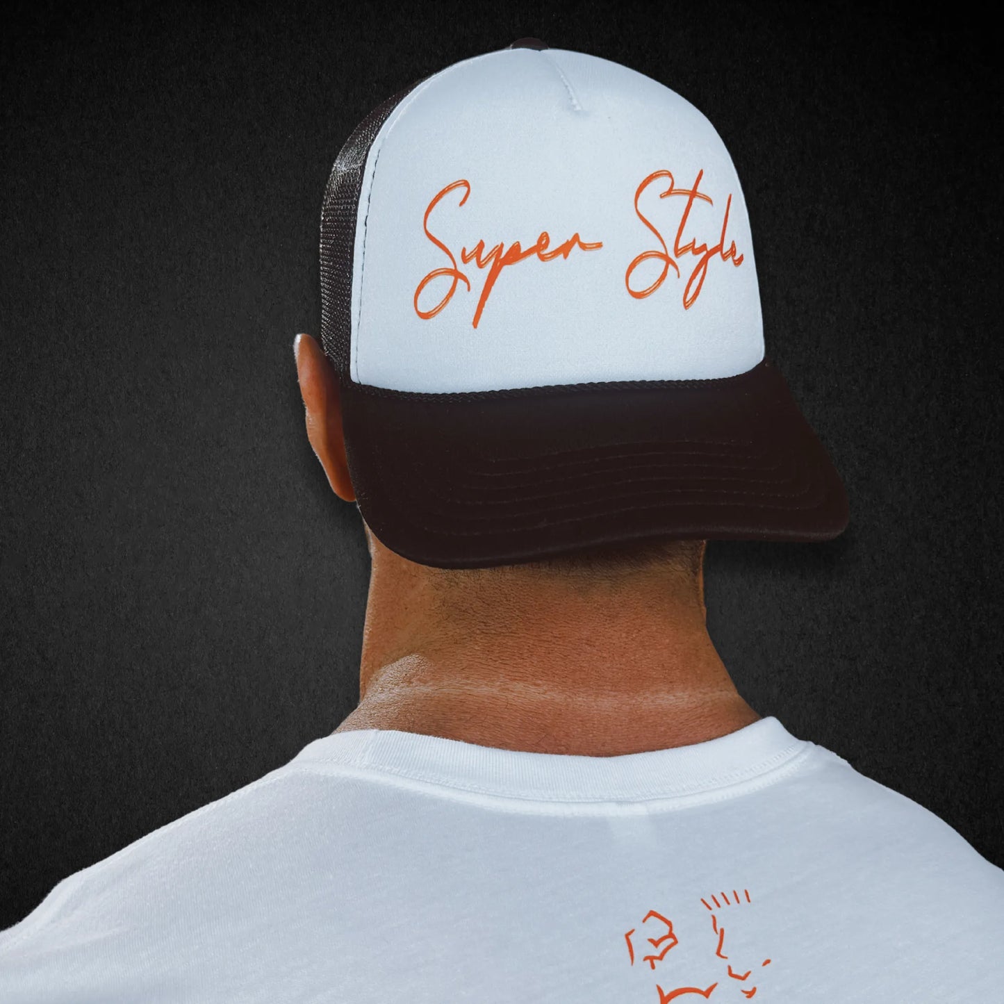 A person seen from the back wearing a white trucker hat with 'Super Style' text in orange on the front panel.