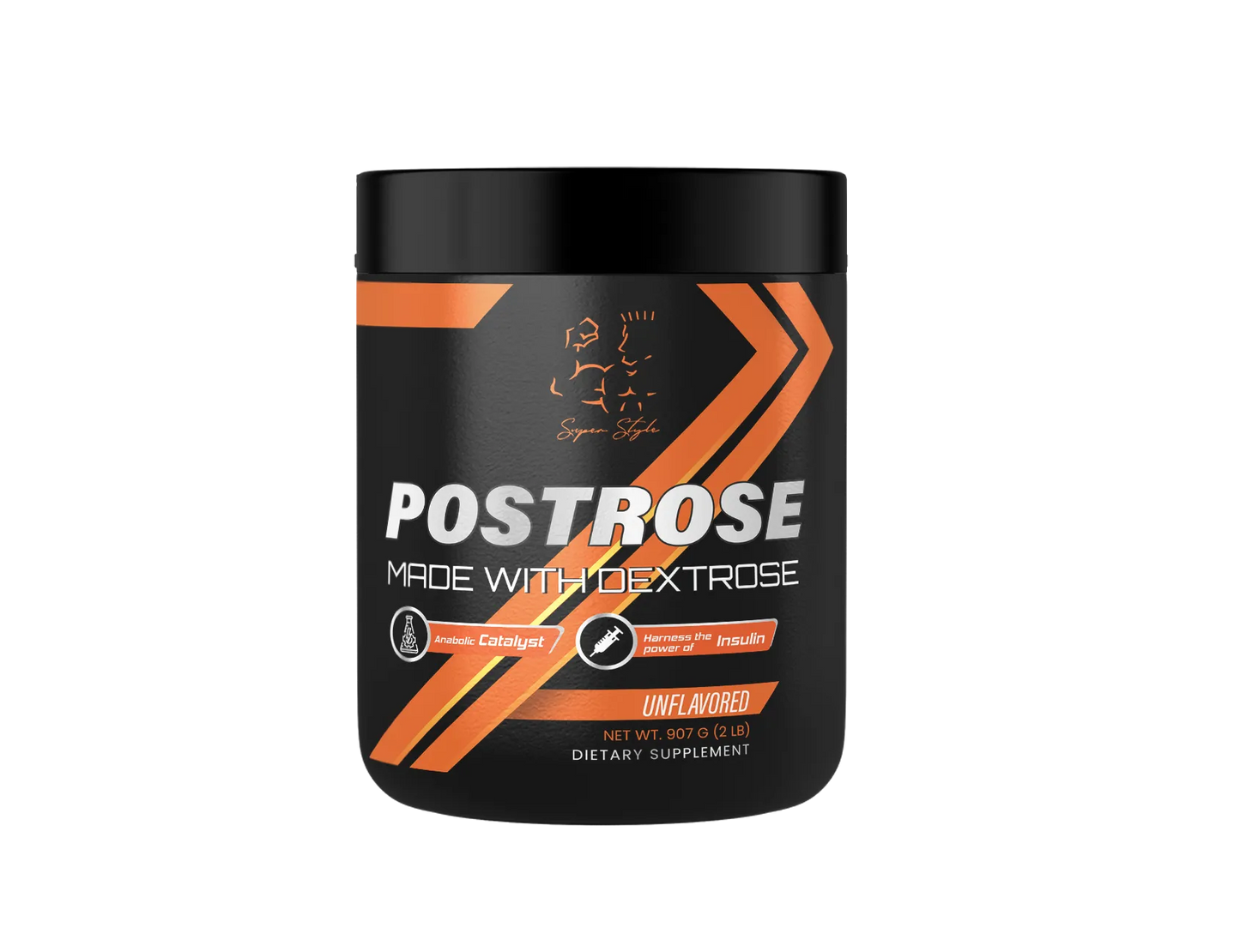 A container of Postrose supplement powder with branding and product information displayed on the label.