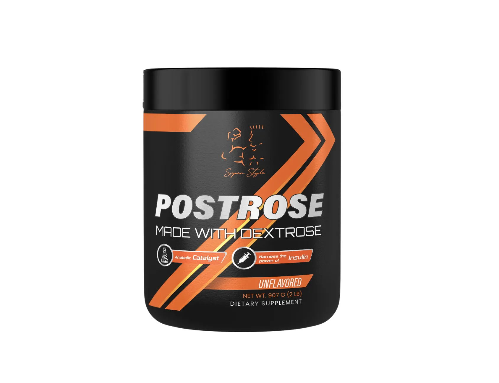A container of Postrose supplement powder with branding and product information displayed on the label.