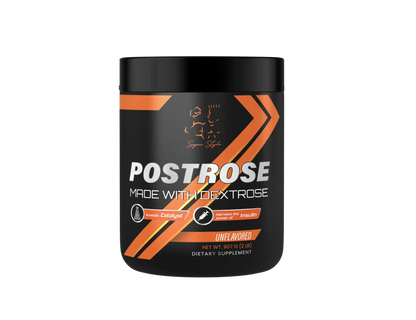 A container of Postrose supplement powder with branding and product information displayed on the label.