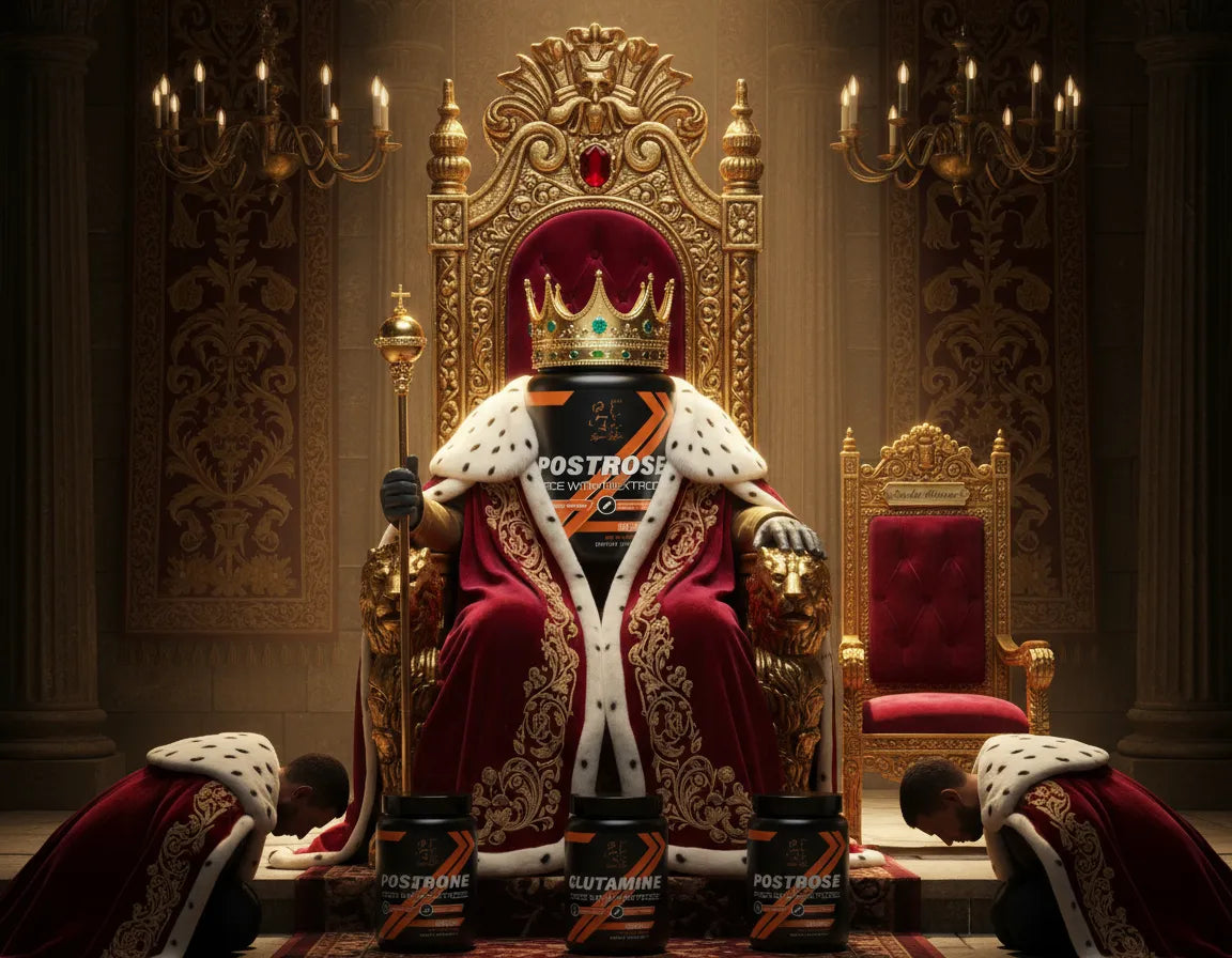 Postrose product dressed up like a person in a throne-like chair with a crown, surrounded by ornate furniture and chandeliers.
